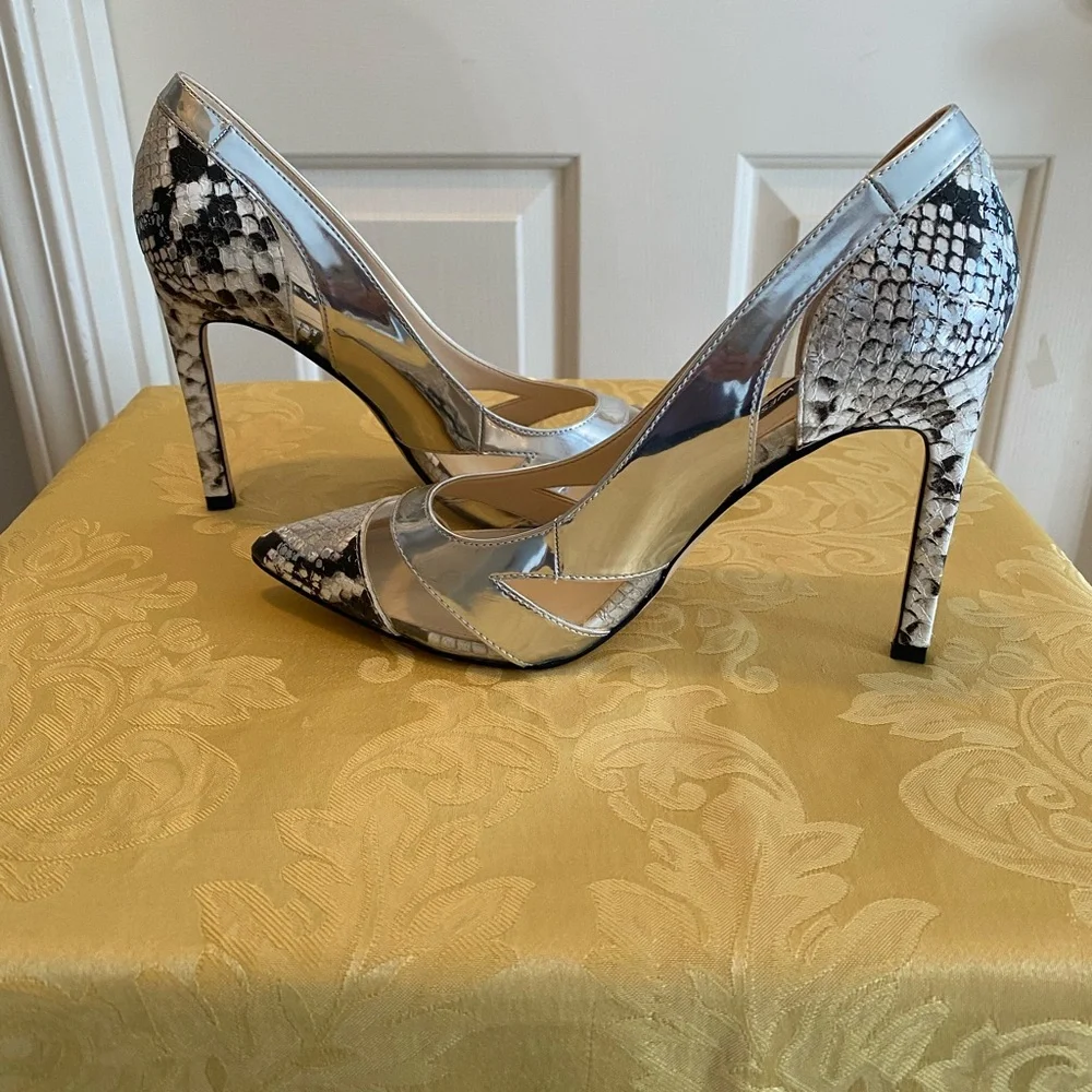 Nine West Silver and Black Snake-Print Pointed Stiletto Pumps